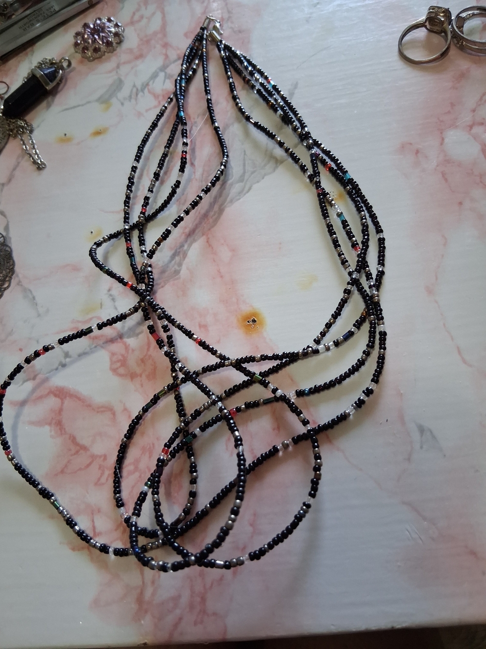 Source Unknown Black Multi-Strand Seed Bead Necklace with Color Accents